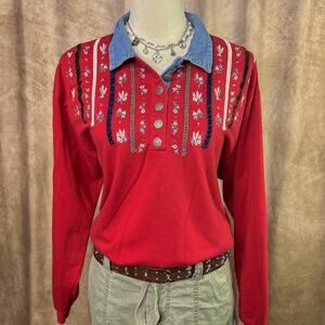 Vintage Embroidered Western Shirt 90s Floral Red Denim Collar Cottage Folk Farm